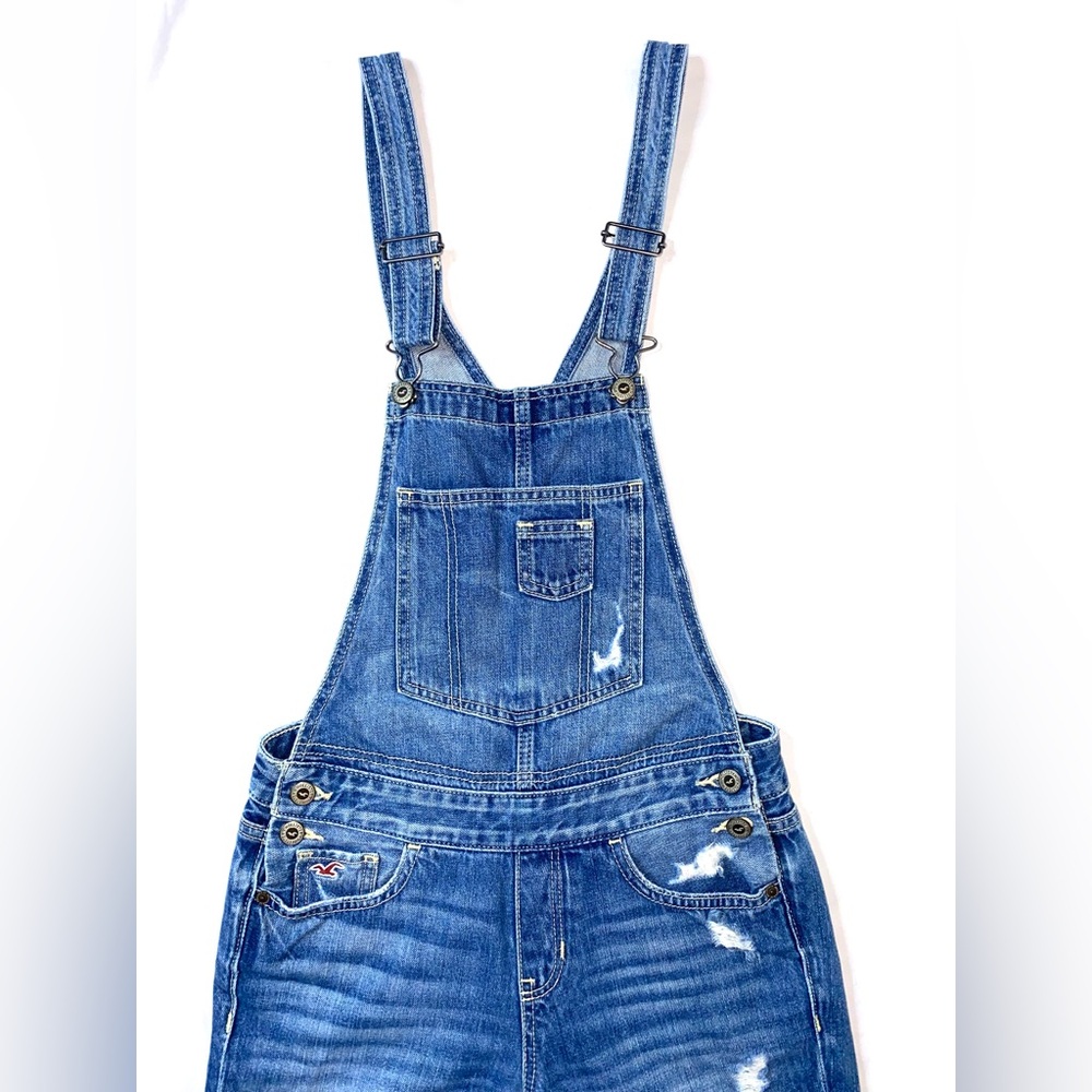 Juniors Hollister Distressed Denim Overalls Size 0 Medium Wash Blue Jeans Sale